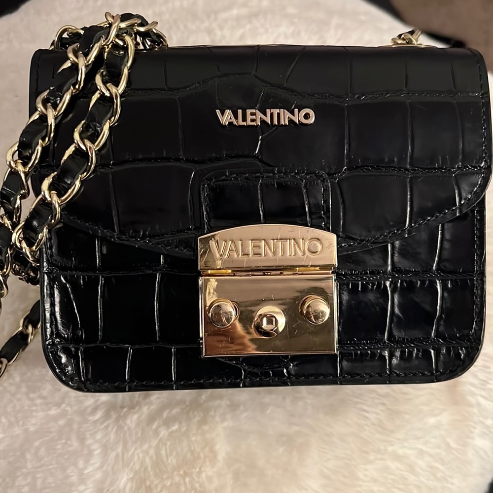 Valentino: black crocodile pinch clasp gold and black crossbody purse